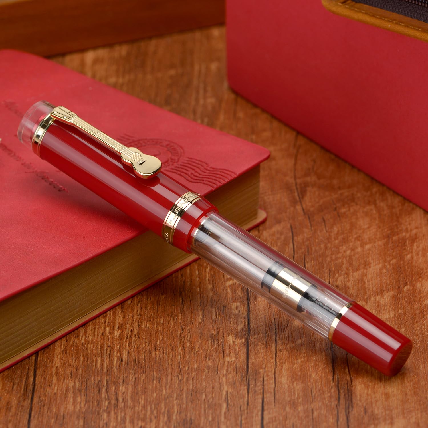 Jinhao 1935 Tiandao Fountain Pen, Size 8 Medium Nib, Golden Guitar Clip, Red and Transparent Acrylic with Converter - Image 2