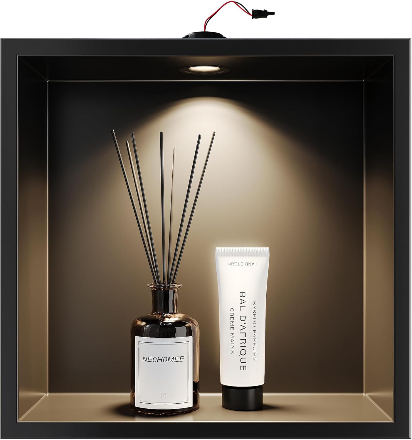 Neodrain Shower Niche with Non-Dimmable LED Downlight, Built-in Recessed Wall Niche Cubby for Bathroom Storage, No Tile Needed Waterproof Stainless Steel Wall Niche（12" X 12" Matte Black