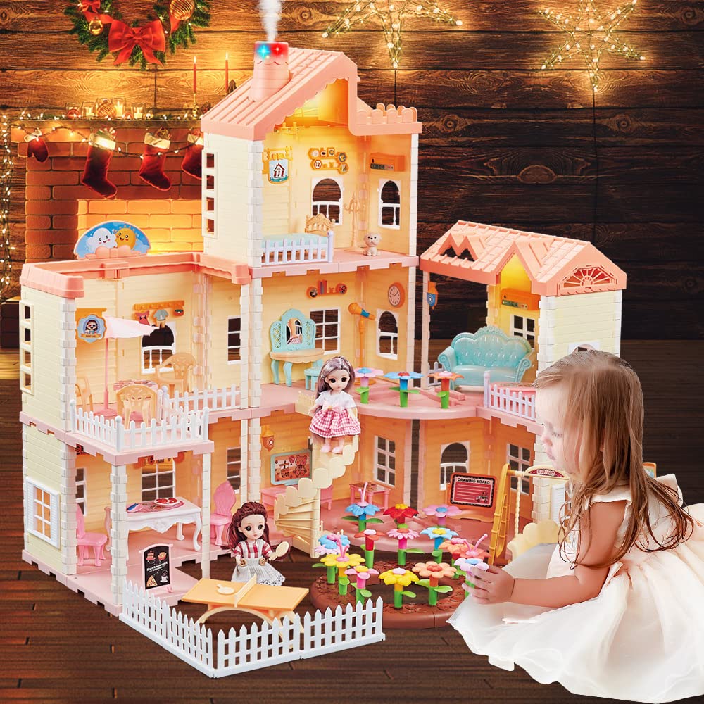 Photo 1 of Dollhouse for Girl, Doll House 4-5 Years Old with Light, Chimney & Slide, Playing House Building Playset with Accessories & Furniture, DIY Cottage Pretend Play Toys for Toddler Kid