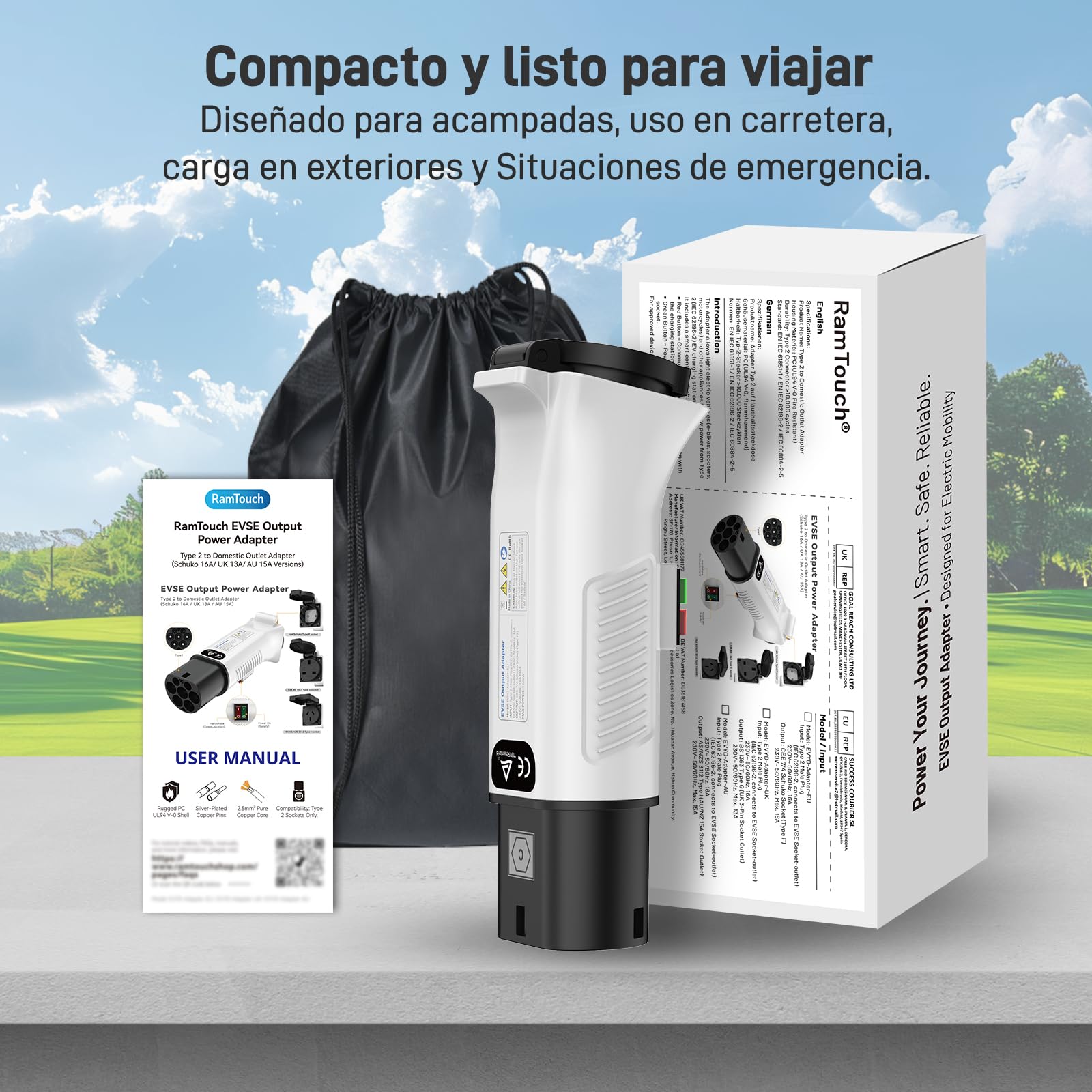 Adaptador Tipo 2 a Schuko para Estaciones de Carga & Wallbox (230V, 16A, 3.68kW, IP44) | Enchufe Tipo 2 a Toma Schuko para E-Bike, Patinete, Moto, Silla Eléctrica y Micro-EV (No para V2L)