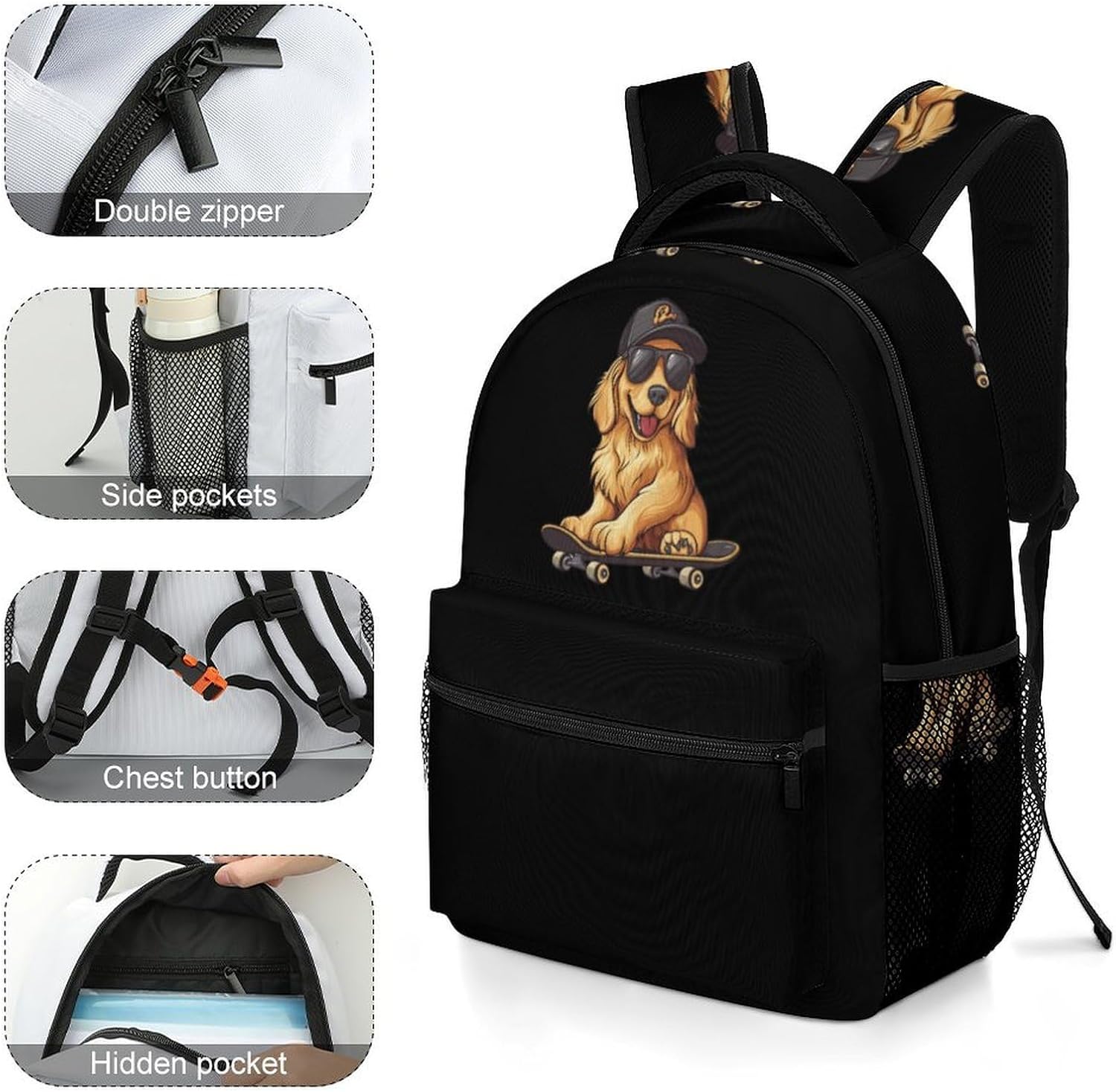 Cool Retriever Dog Skateboard Laptop Backpack Lightweight Travel Daypack Shoulder Bag for Men Women