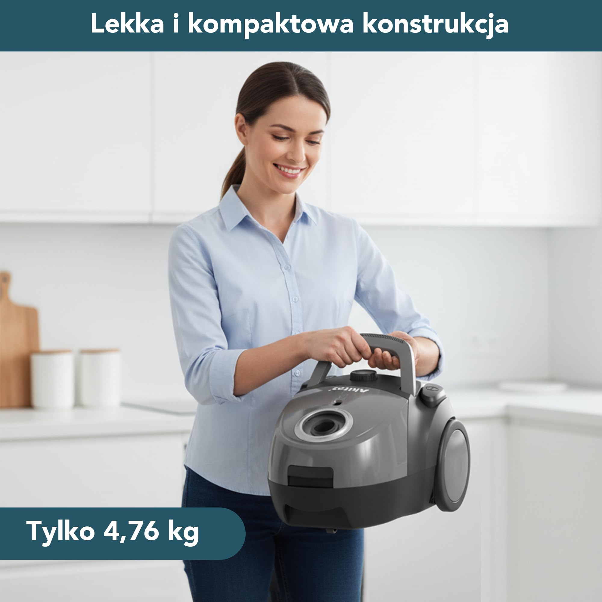 Odkurzacz workowy Akitas C5, moc ssąca 850W, promień działania 9 m, filtr HEPA dla alergików i zwierząt domowych, dysza podłogowa Wessel-Werk, zawiera 3 akcesoria, kompaktowy i lekki
