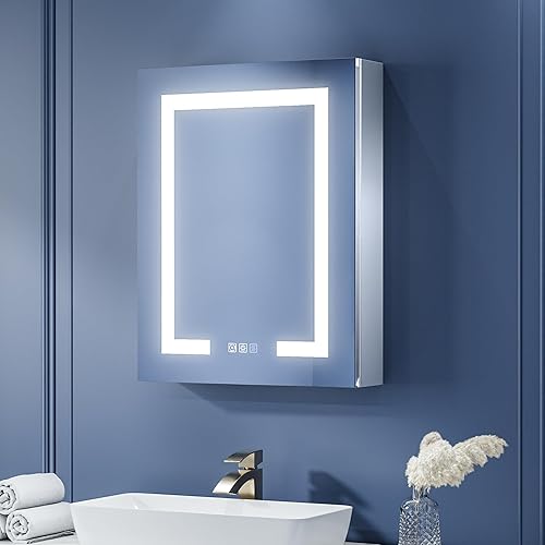 ExBrite Botiquín iluminado con espejo, 20 x 26 pulgadas, botiquín empotrado o LED de superficie, desempañado, atenuación continua, cambio de