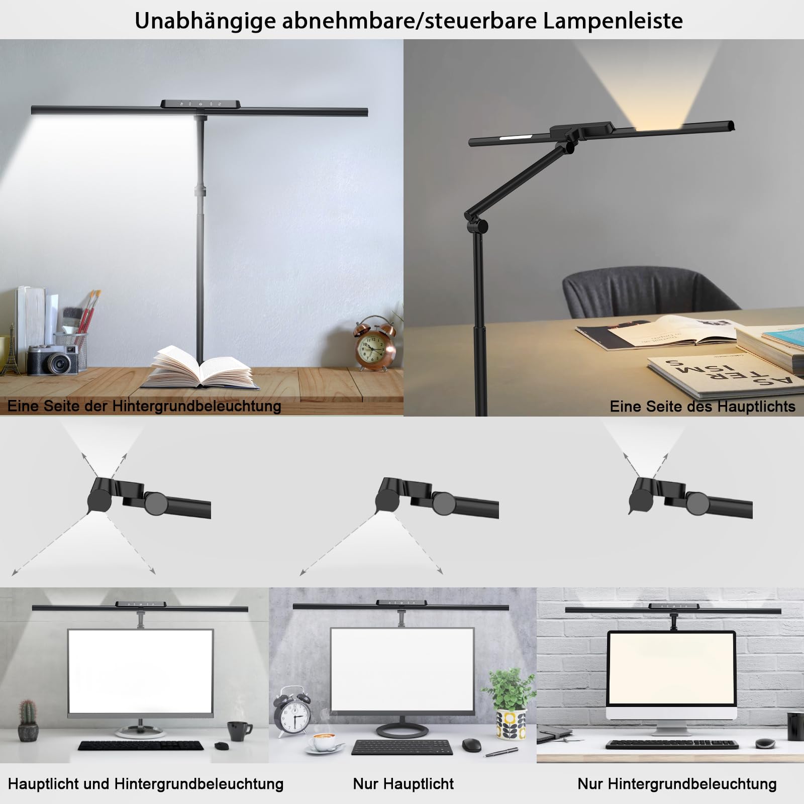 OOWOLF Schreibtischlampe LED, 81,5 cm, 24W dimmbar, 2750-5400K, mit Gestensteuerung & Fernbedienung, Doppelkopf, höhenverstellbar, klemmbar, für Büro, Homeoffice und Detailarbeiten