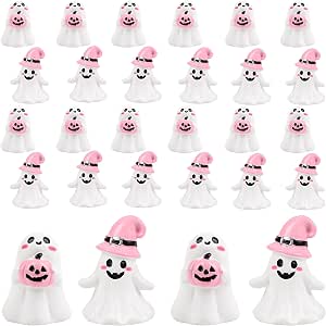 FOIMAS 24 pcs Halloween Mini Ghost Figurines – Miniature Resin Decorations for Party Supplies, Table Centerpieces, Desk Ornaments (Pink)