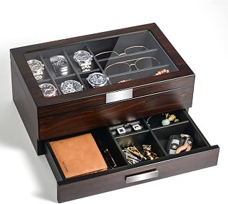 Sunix Watch Box Organizer for Men, Wooden Jewelry Display Case with Drawer | 2-Layer Watch Box with Glass Lid, 6 Slots Watch Pillows, Jewelry Holder for Men Accessory Storage, Ideas for Gift, Rustic