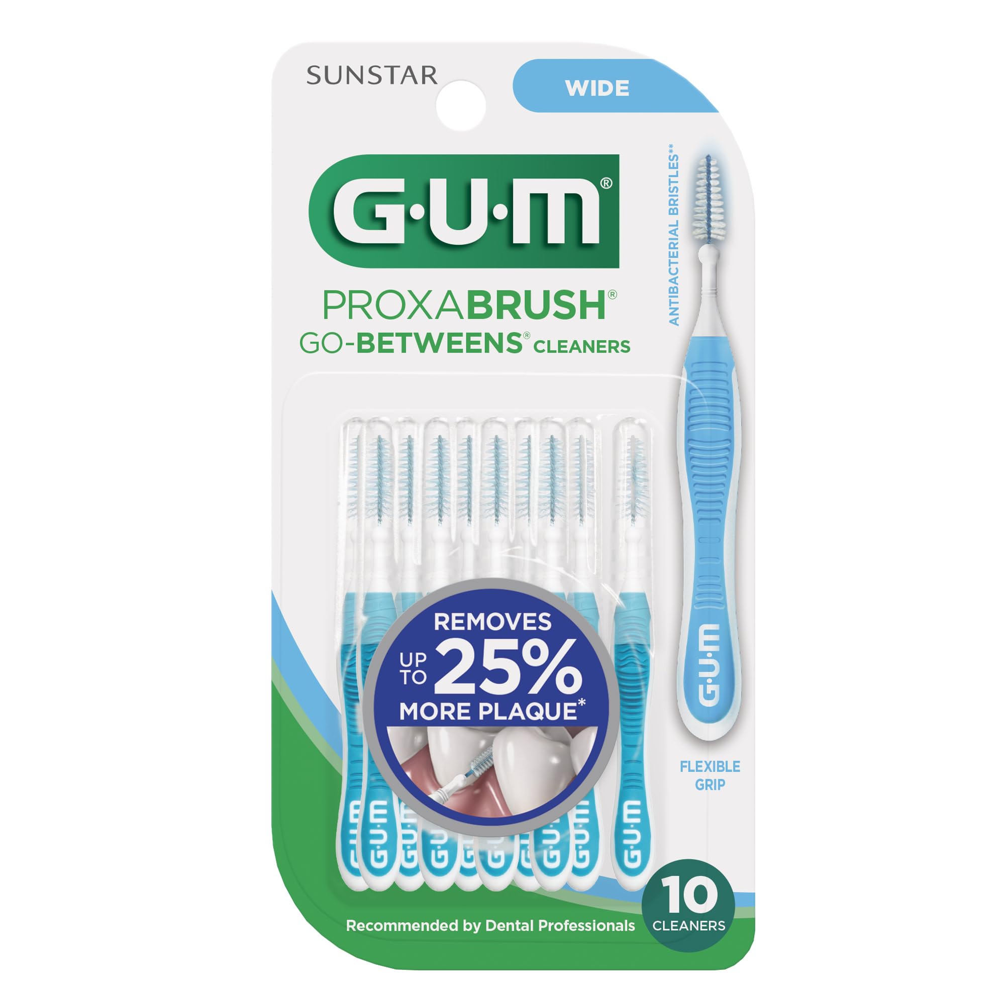 GUM Proxabrush Go-Betweens - Cepillos interdentales anchos - Púas dentales de cerdas suaves para eliminación de placa y salud de las encías - Seguro para aparatos dentales y aparatos dentales, 10