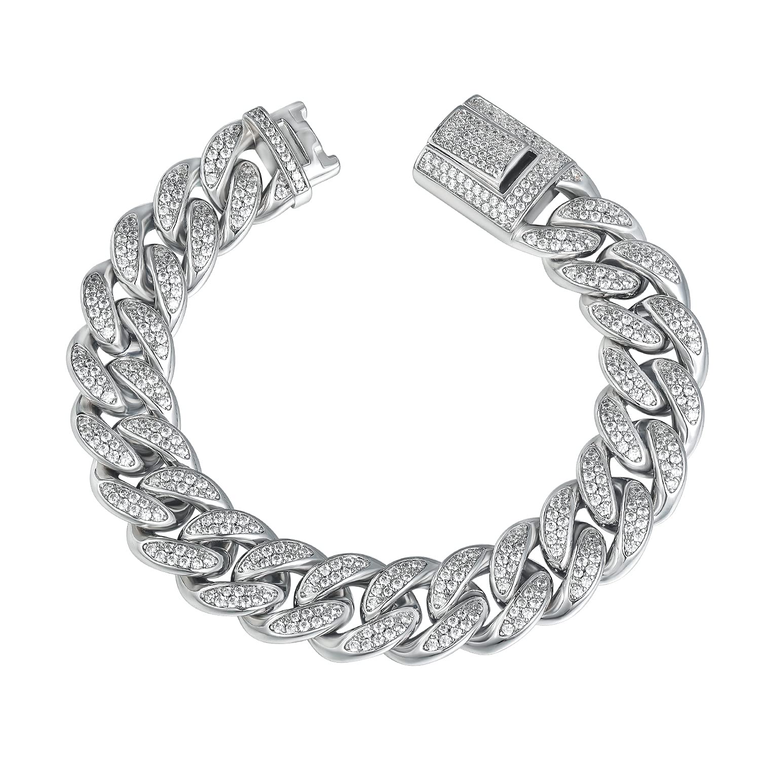 GEMSMECuban Link Bracelet 18K White Gold Plated Bracelet Iced Out Cubic Zirconia Hip Hop Jewelry for Women Men 7.5/8.0/8.5 Inch
