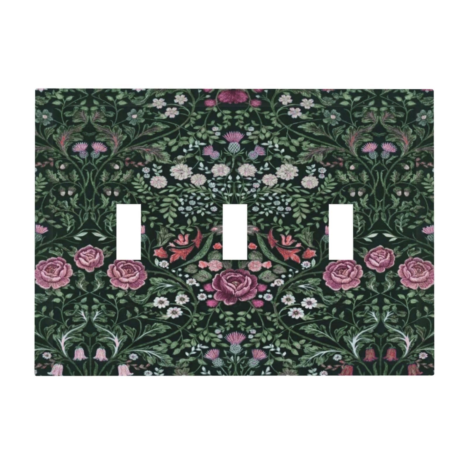 Dark Green Boho Floral Leaf Light Switch Cover 3-Gang Decorative Outlet Cover William Morris Summer Botanical Plant Pattern Triple Toggle Wall Plate Electrical Faceplate