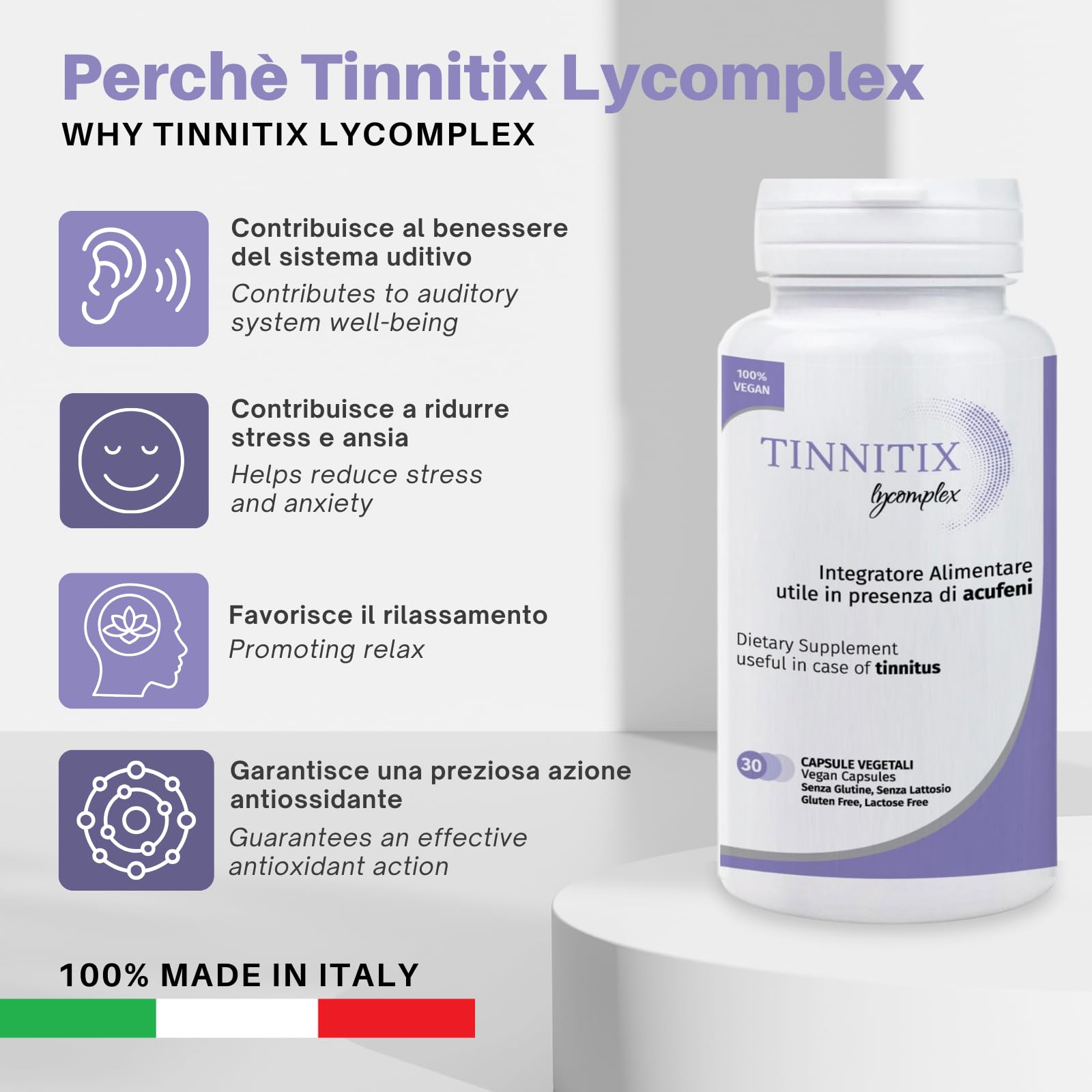 Tinnitix Lycomplex Complément alimentaire en cas d'acouphènes ou tinnitus (bourdonnement des oreilles) | Action relaxante et antioxydante