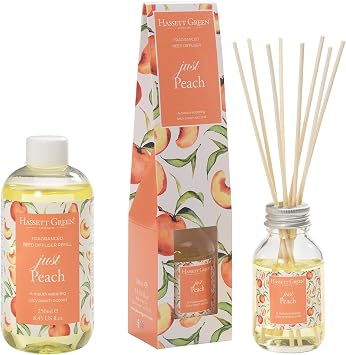 Hassett Green London - Just Peach - Reed Diffuser and Refill Combination Set - 100ml Glass Bottle with 8 Rattan Reed Sticks plus Larger Size 250ml Refill Bottle
