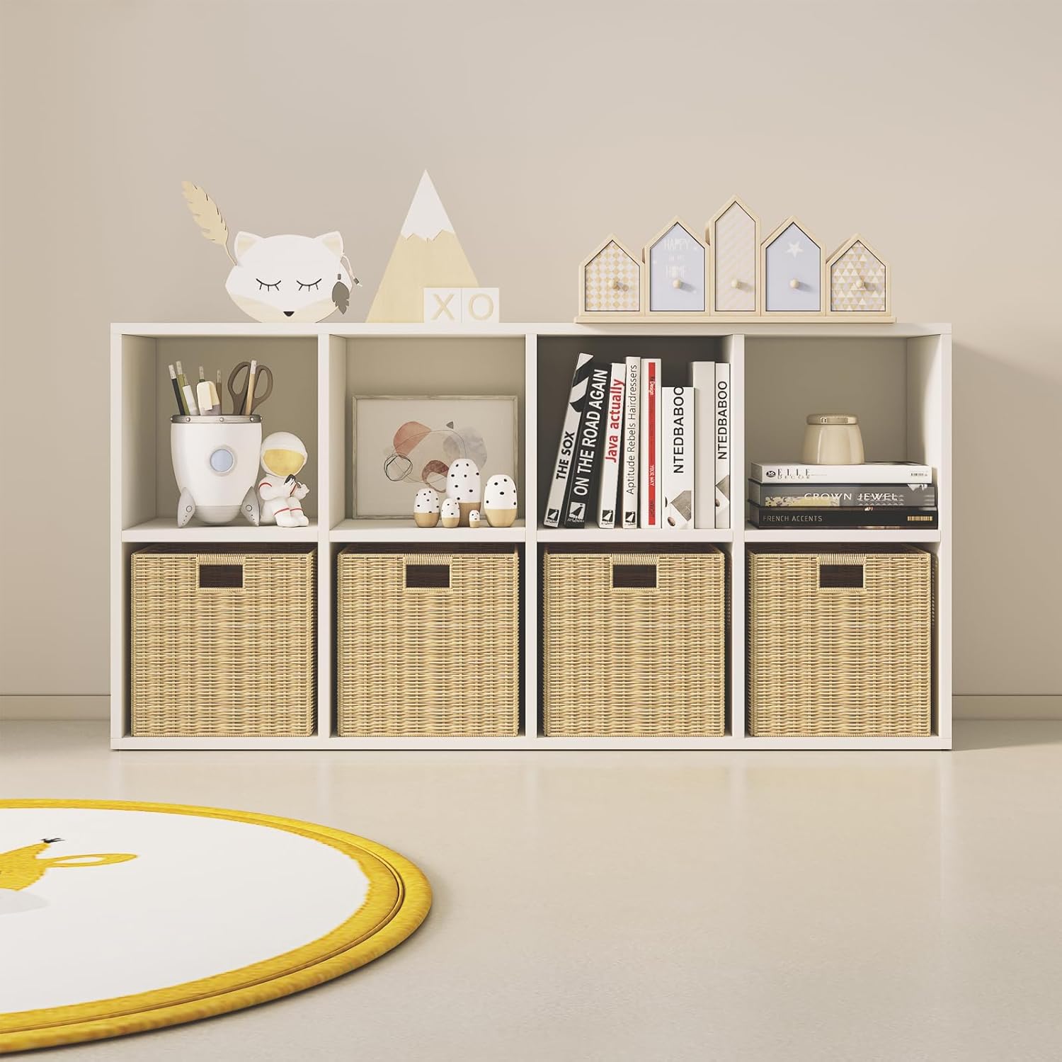 Wood Cube Storage Organizer Closet Cabinet for Living Room Bedroom Study Shelf Bookcase Wooden Floor Standing Open Bookshelf for Kids Home Office Display Storage Cabinet (White, 8-Cube, 11.81in)