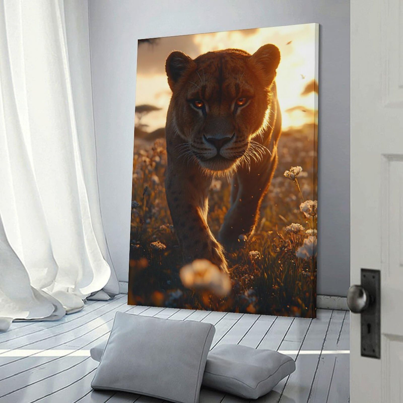 Junmoney Wall Picture Print Lioness Walking Through Field at Sunset, 24x36inch(60x90cm), for Wall Displays, Bedrooms Or Room Updates, Wall Decor Suited to Curated Displays