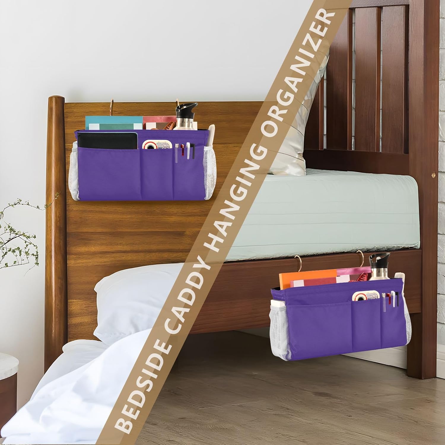 Dark Purple Bedside Caddy Storage Bag Bedside Organizer for Bunk Bed Headboards College Bedside Shelf Hanging Organizer 6 Pockets with Hooks for Magazine Water Bottle Holder
