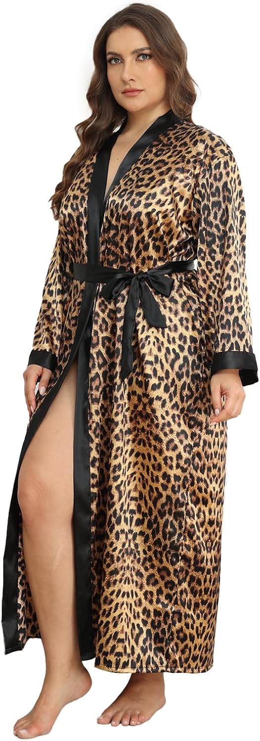 Womens Plus Size Silky Satin Kimono Robe Floral Long Bathrobe Wedding Sleepwear Dressing Gown - Image 4