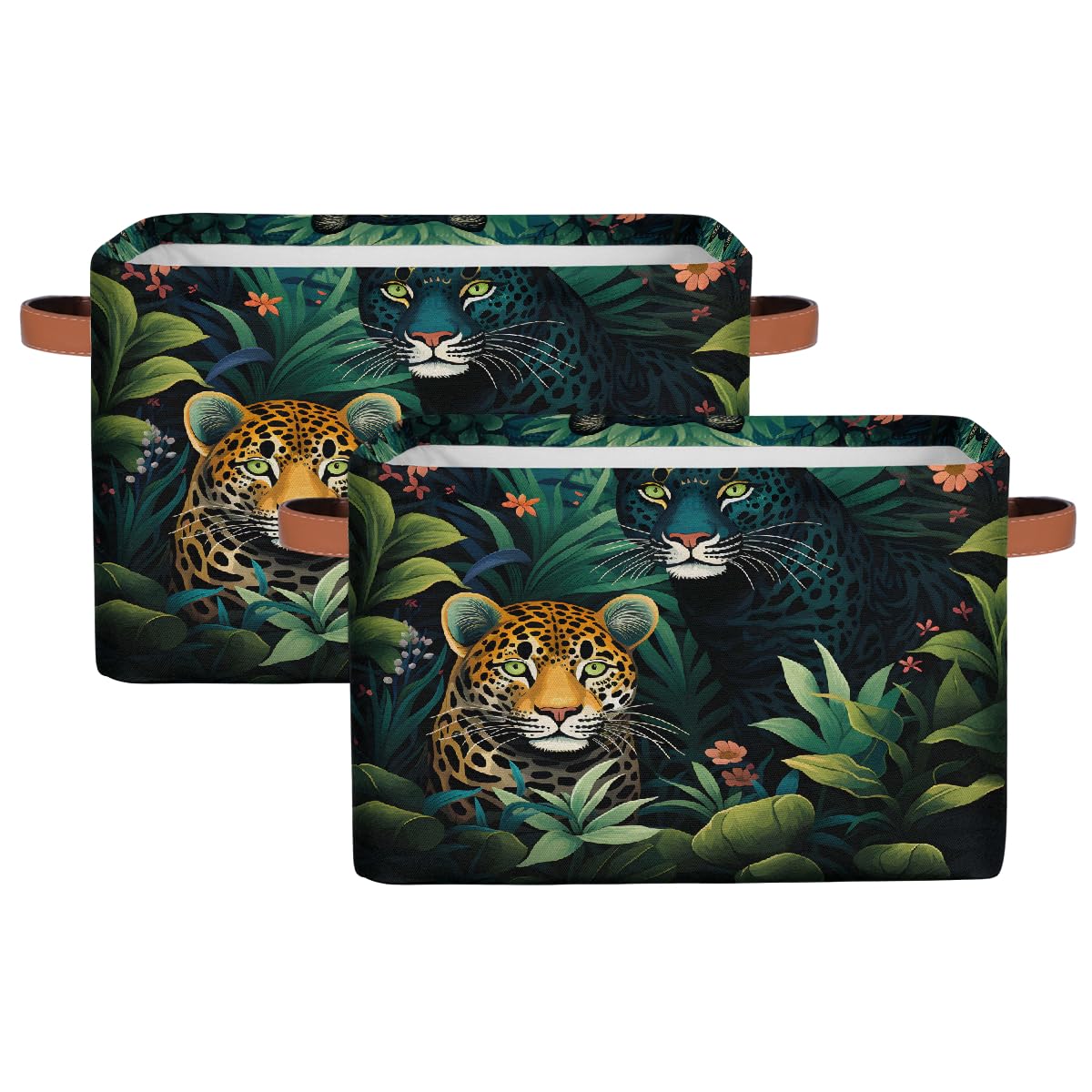 Mexpekil Cesta de almacenamiento de leopardo de animales del bosque, caja de almacenamiento de juguetes para niños, plegable, organizador de tela para estantes, cesta de regalo grande con asas, 2