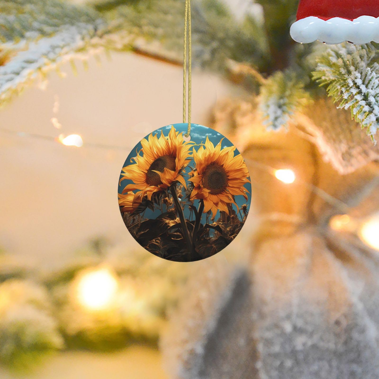 Christmas Tree Ornaments Ceramics Christmas Round Decorations Fantasy Sunflower Ceramics Ornaments Circle Pentagram Xmas Tree Hanging Pendant for Christmas Tree Party Holiday Home Decor