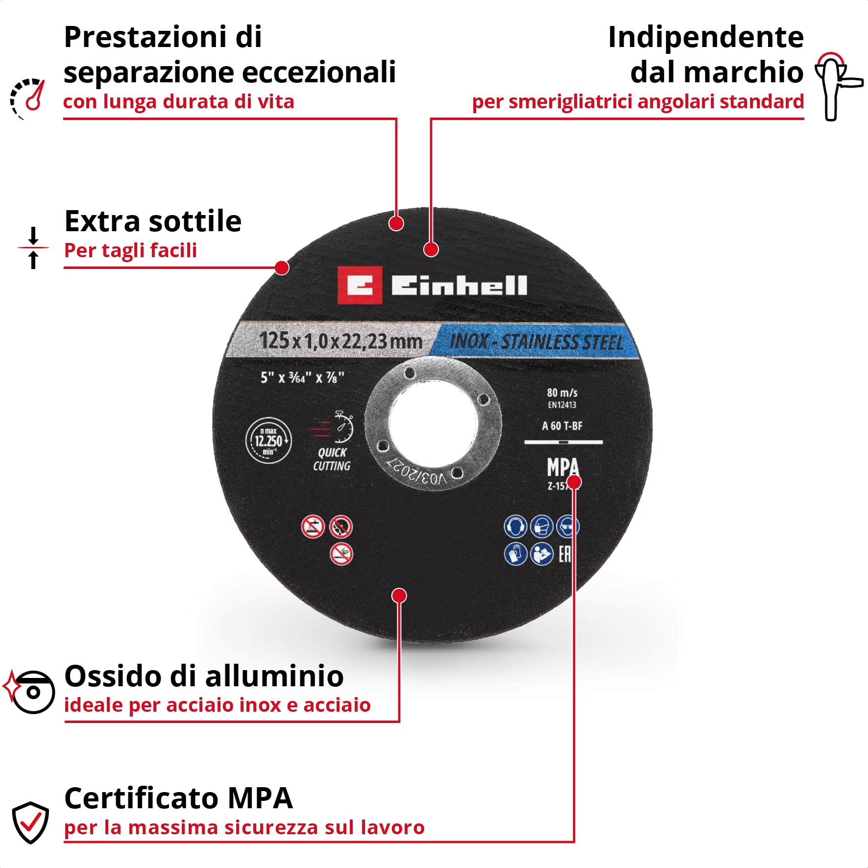 Originale Einhell Dischi da taglio per metallo, 10 pezzi, Ø 125 mm in latta (taglio veloce, lavorazione del metallo, taglio facile, certificato MPA, indipendente dal marchio)