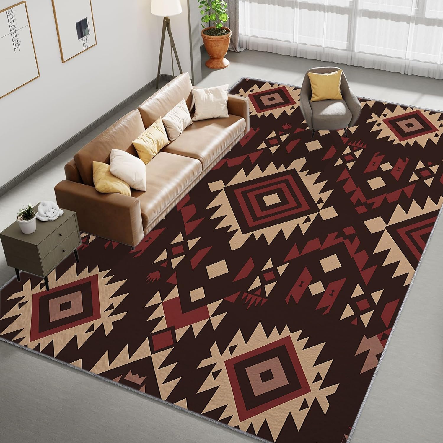Tapis Chambre Traditionnel Motif Aztèque Rouge Profond Tapis de Salon 80x150 cmTapis de Salon Doux à Poils Courts Tapis Antidérapant Intérieur Moelleux pour Salon Chambre Salle à Manger Bureau