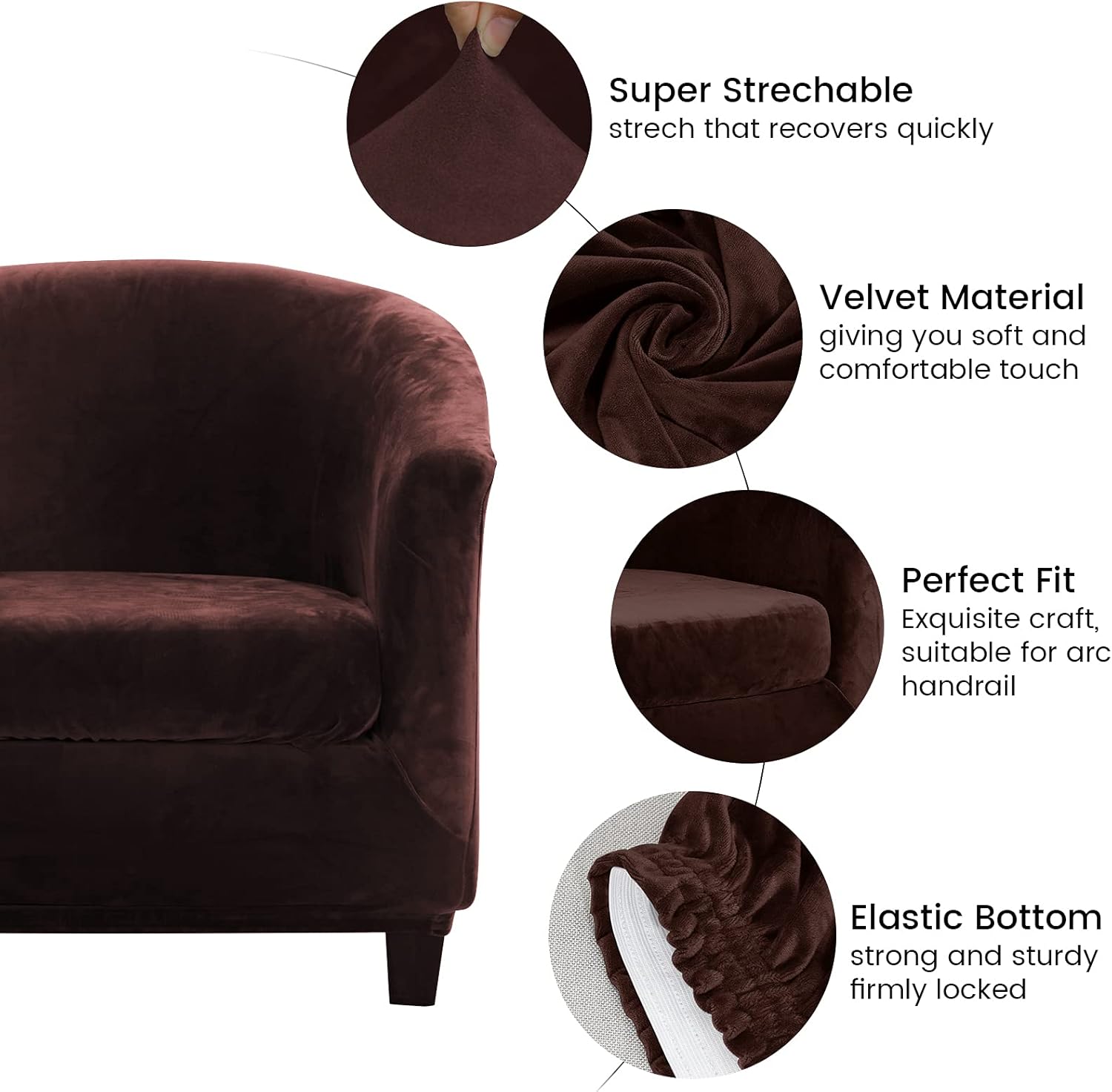 ele ELEOPTION Club Chair Slipcover Stretch Barrel Chair Covers Velvet Tub Chair Slipcovers Soft Spandex Armchair Sofa Cover Removable Couch Furniture Protector Arm Chair Cover for Living Room (Brown)