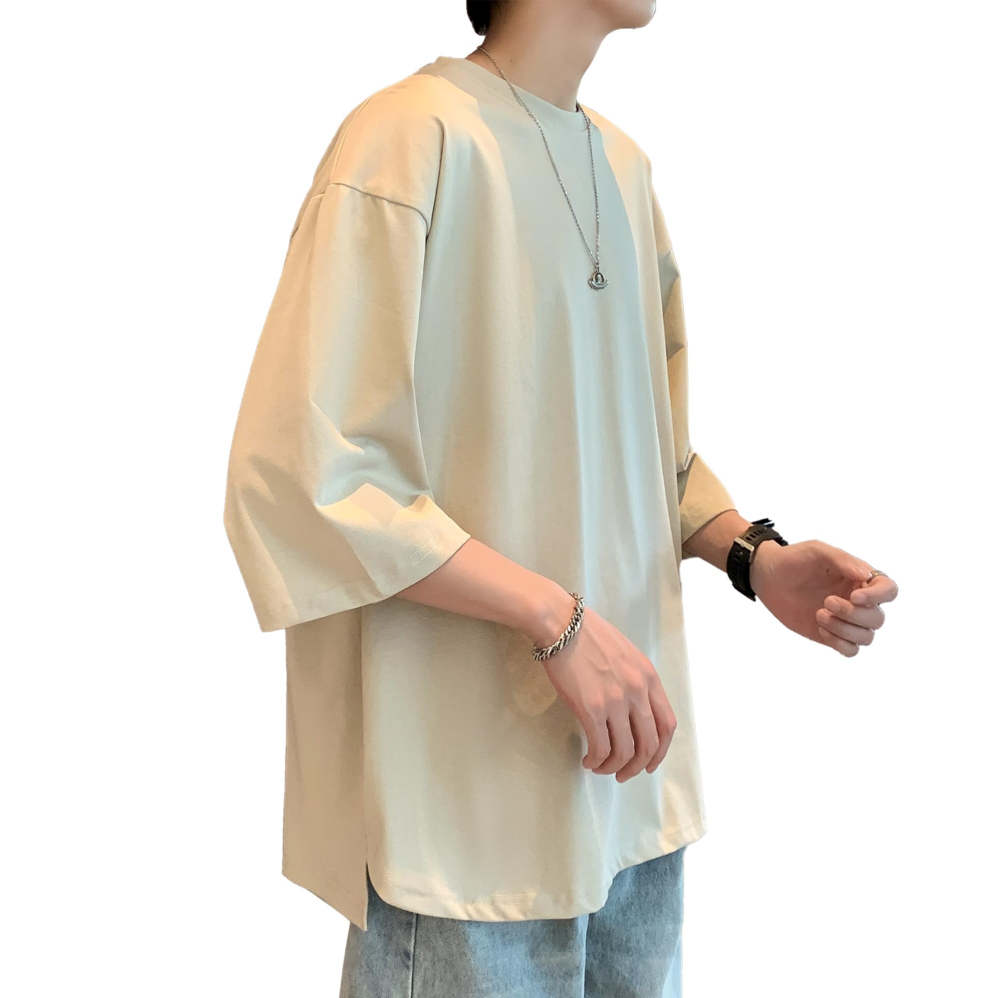 [Hiboss] tシャツ メンズ 半袖 大きいサイズ 7分袖 無地 ラウンドカット おしゃれ ゆったり 夏服 メンズ tシャツ カーキ XL
