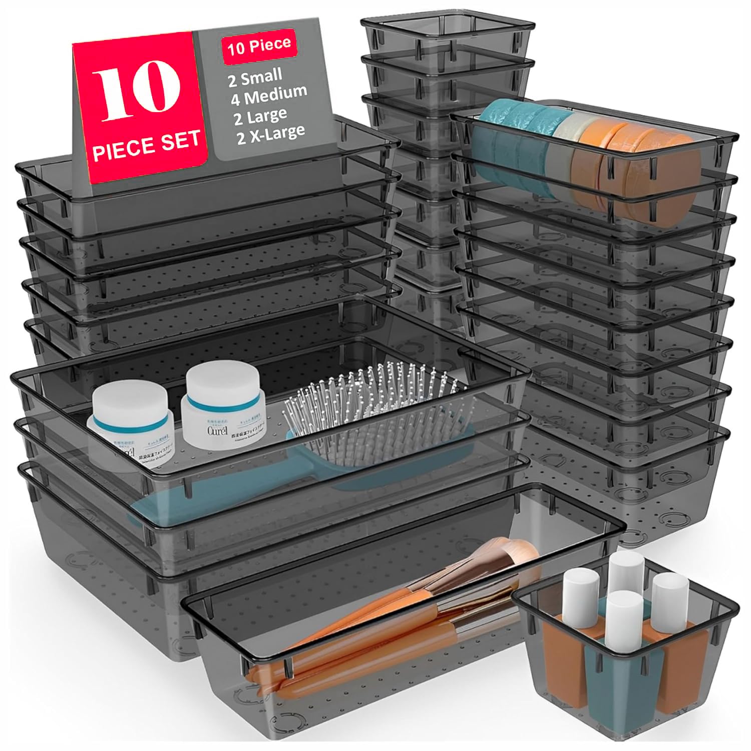 TEX-RO Drawer Organizer Tray/Multi-Purpose Drawers Organisers/Dressing Table Organiser & Make up Organiser/Perfect for Cosmetics, Jewelry, Kitchen and Bathroom (10 pcs, Black)