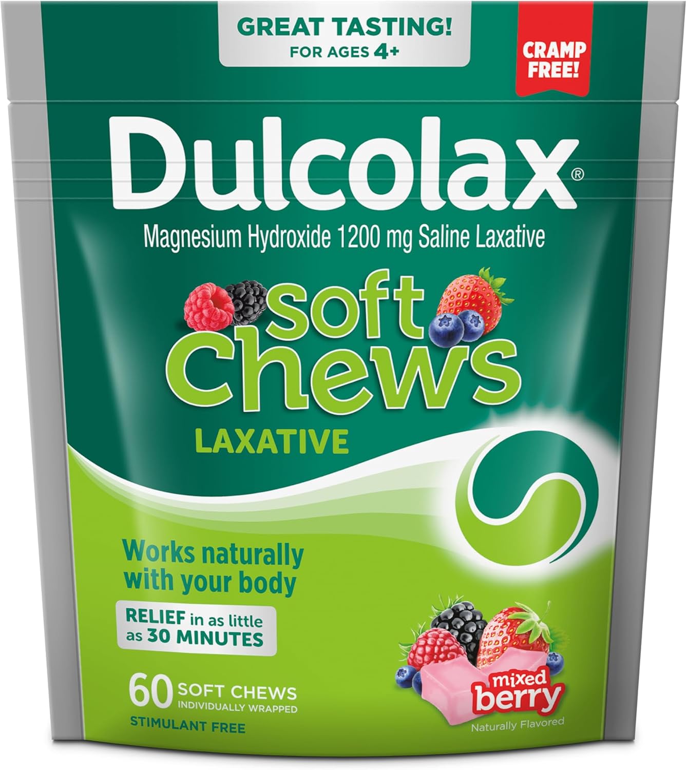 Dulcolax Soft Chews Saline Laxative Mixed Berry (60ct & 30ct) 1200mg Magnesium Hydroxide Gentle Constipation Relief