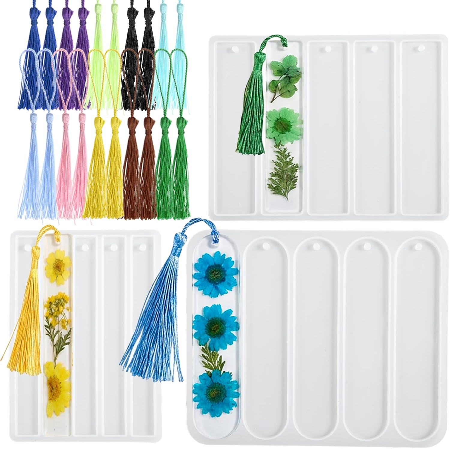 3pcs Bookmark Resin Mold Set with 20 Pcs Tassels | Shiny rectangle bookmark making kit. Flexible silicone molds for resin crafting, DIY personalized book lover gifts