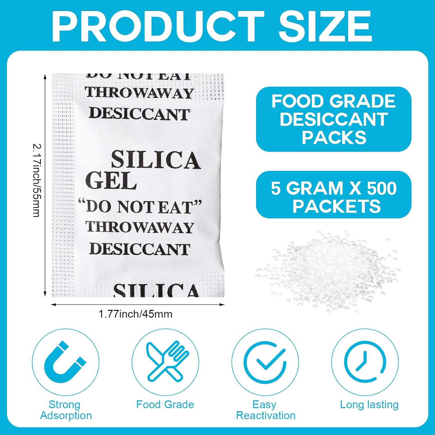 Threlaco 500 Pcs 5 Gram Silica Gel Packets Desiccant Packs for Storage Moisture Absorbers Silica Gel Anti Humidity Transparent Food Grade Desiccant Packs for Electronics, Clothes Shoes (Paper)