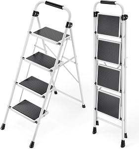 KINGRACK 4 Step Ladder, Folding Step Ladder, Kitchen Ladder with Anti-Slip and Wide Pedal, Small Step Stool with Handrails, Lightweight Portable Stepladder for Home Kitchen Household, White