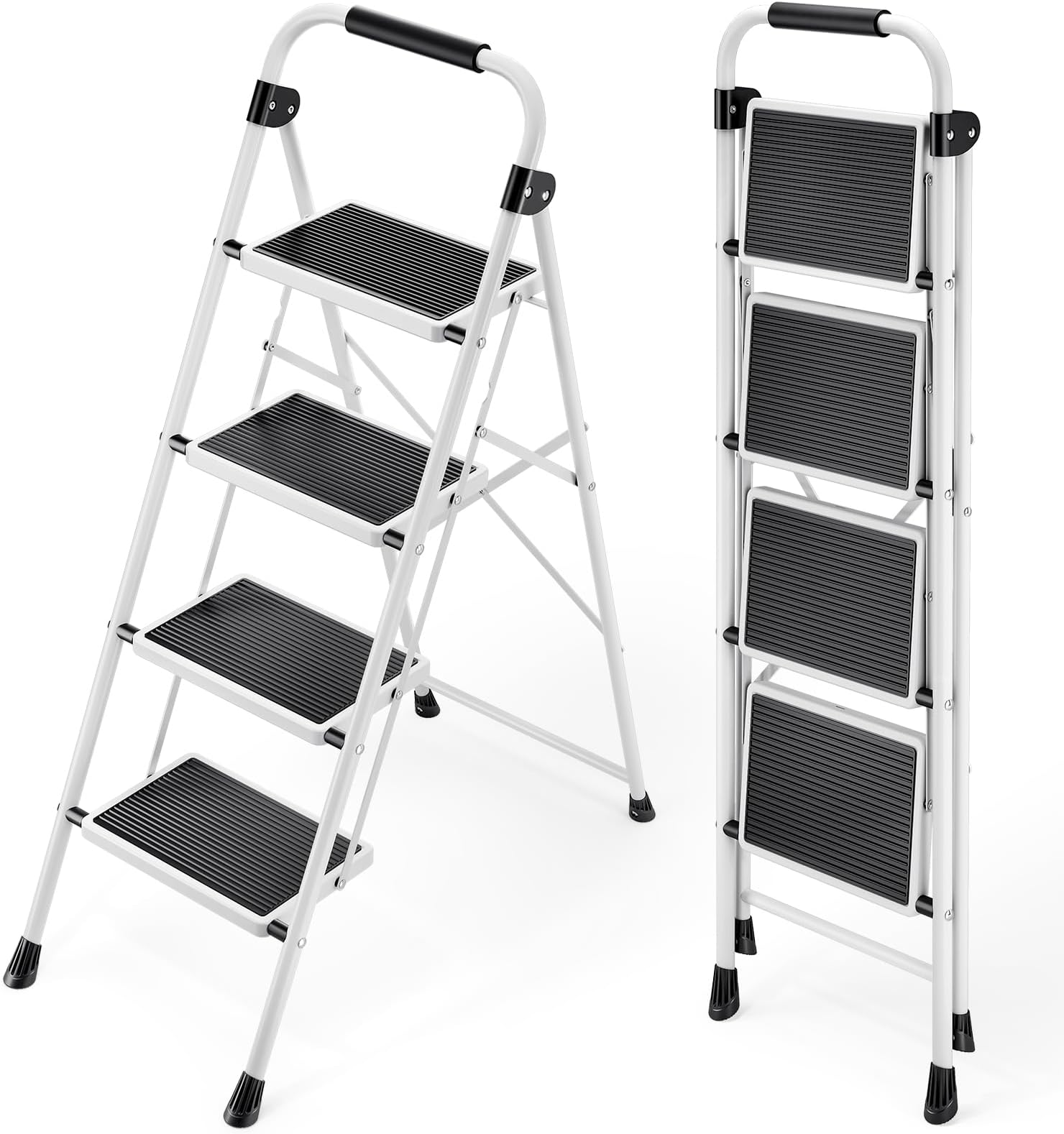 KINGRACK Step Ladder 4 Step Folding Step Stool for Adults with Handrails Heavy Duty Steel Sturdy Lightweight Collapsible Portable Step Ladder with Anti-Slip Wide Pedal,White