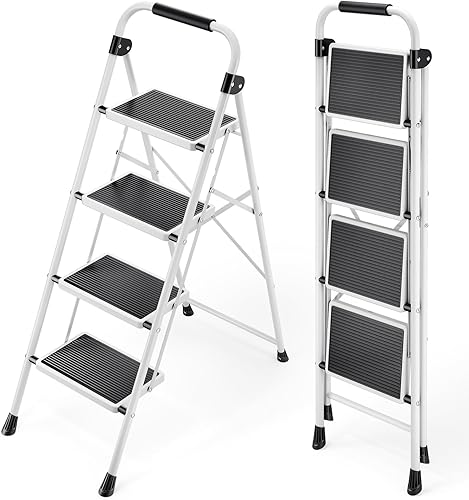 KINGRACK Escalera escalonada plegable de 4 escalones para adultos con pasamanos, acero resistente, ligero, plegable, portátil, con pedal ancho