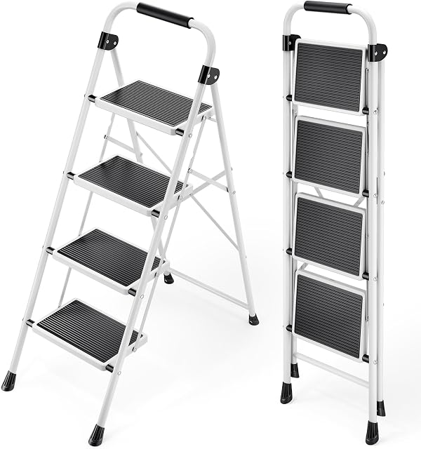 KINGRACK 4 Step Ladder, Folding Step Ladder, Kitchen Ladder with Anti-Slip and Wide Pedal, Small Step Stool with Handrails, Lightweight Portable Stepladder for Home Kitchen Household, White