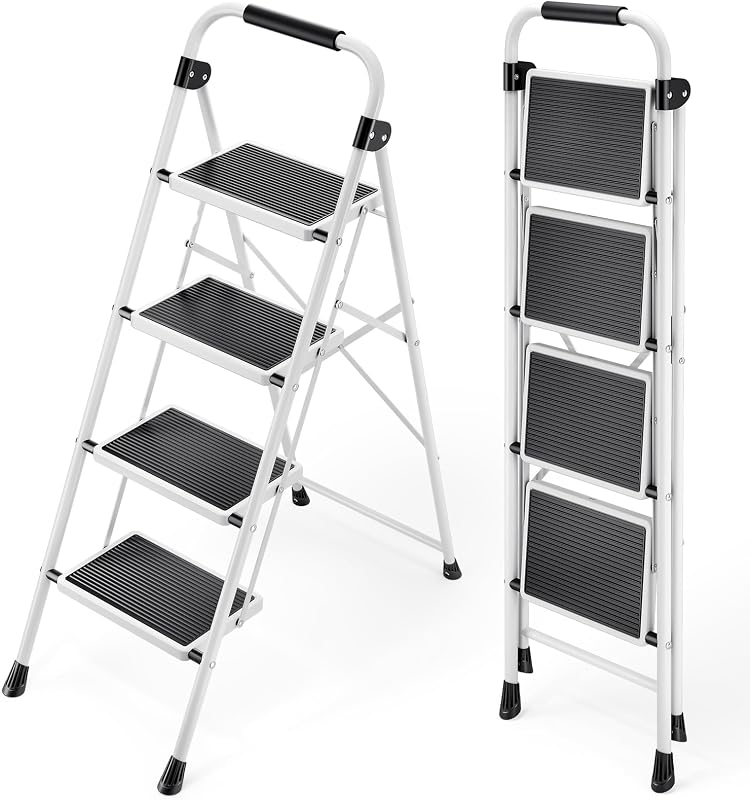 KINGRACK Step Ladder, 4 Step Folding Ladder with Handrails | Heavy Duty Steel Stool Sturdy Collapsible Portable Ladder with Anti-Slip Wide Pedal, White