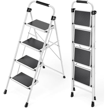 KINGRACK steps ladder folding ladder with anti-slip and wide pedal Small ladder with handle Robust steel ladder light and portable step ladder white 4 steps with handrails