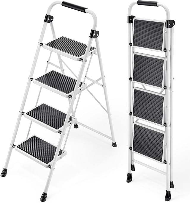 KINGRACK Escalera Plegable 4 Peldaños, Escalera de Tijera con Pedales Antideslizantes Anchos, Barandilla, Escalón Taburete de Acero Portátil Uso Hogar Cocina Oficina, Carga hasta 150 kg, Blanco