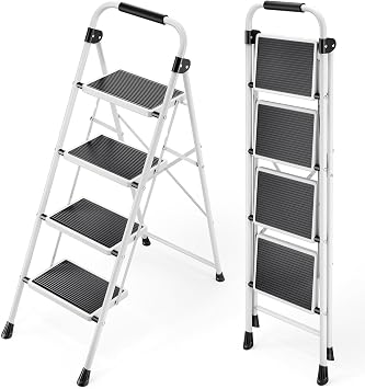 KINGRACK Step Ladder, Folding Ladder with Non-Slip and Wide Pedal, Folding Step Stool for Adults, Lightweight and Portable Step Ladder White, 4 Steps with handrail