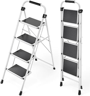 KINGRACK Step Ladder 4 Step Folding Step Stool for Adults with Handrails Heavy Duty Steel Sturdy Lightweight Collapsible Portable Step Ladder with Anti-Slip Wide Pedal,White