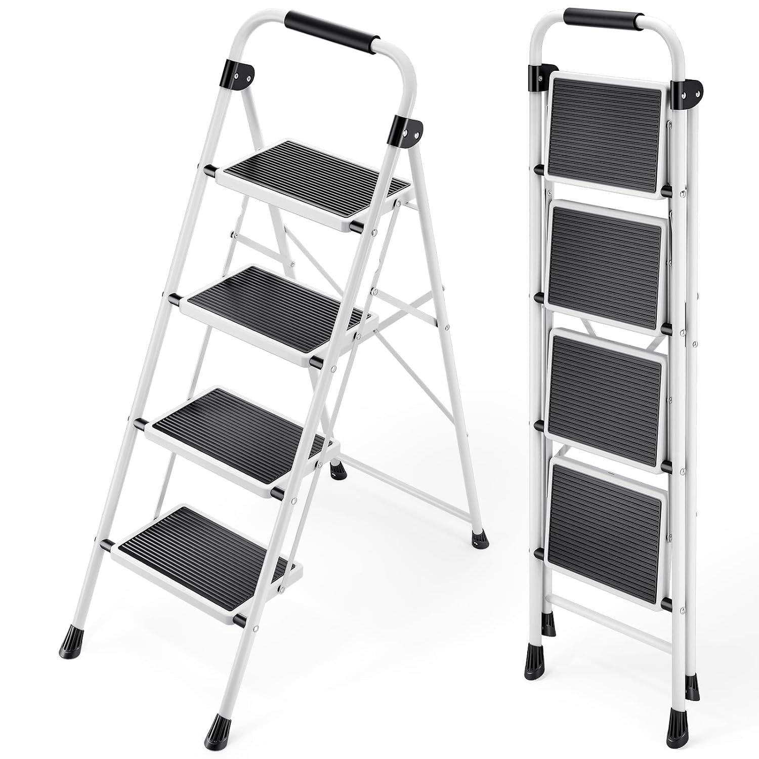 KINGRACK Escalera Plegable 4 Peldaños, Escalera de Tijera con Pedales Antideslizantes Anchos, Barandilla, Escalón Taburete de Acero Portátil Uso Hogar Cocina Oficina, Carga hasta 150 kg, Blanco