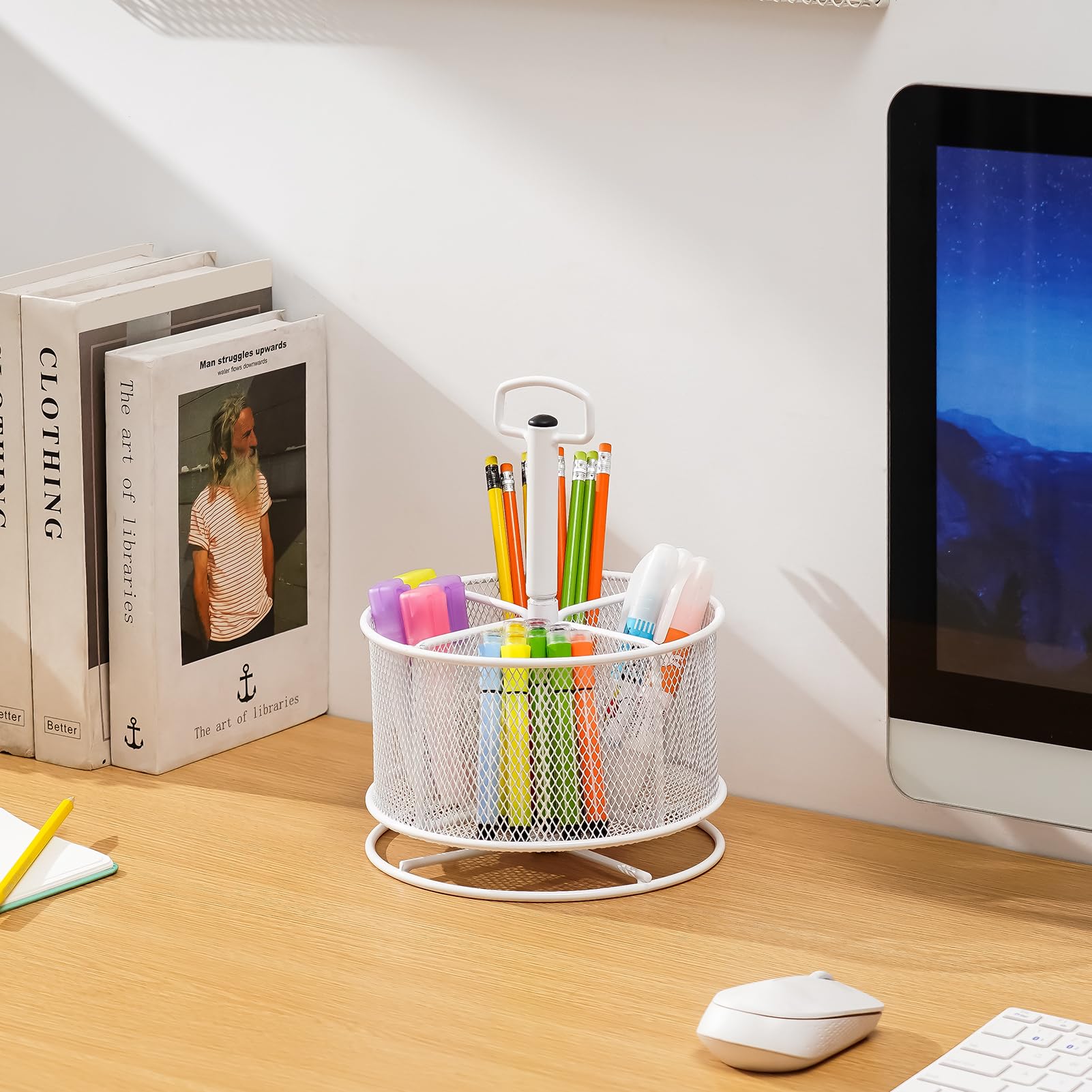 Marbrasse Organizer da scrivania in rete, portapenne multifunzione rotante a 360 gradi, 4 scomparti, organizer per cancelleria da scrivania, per casa e ufficio, scatola portaoggetti (bianco)