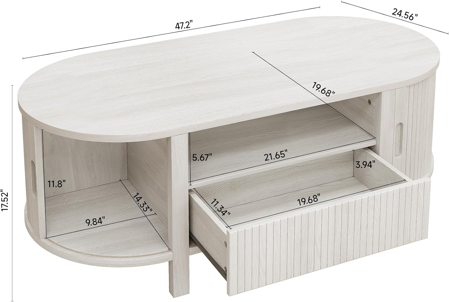 ONBRILL 47.2 Inch Oval Coffee Table with Storage, Mid Century Modern Coffee Table with Drawer, Center Table with Sliding Door and Wood Fluted Handle for Living Room, Natural White