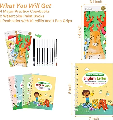 Miniatura 3 de MEGREZ Libros de trabajo de escritura a mano ranurados para niños de 3 a 5 años, libro de práctica de escritura reutilizable preescolar con