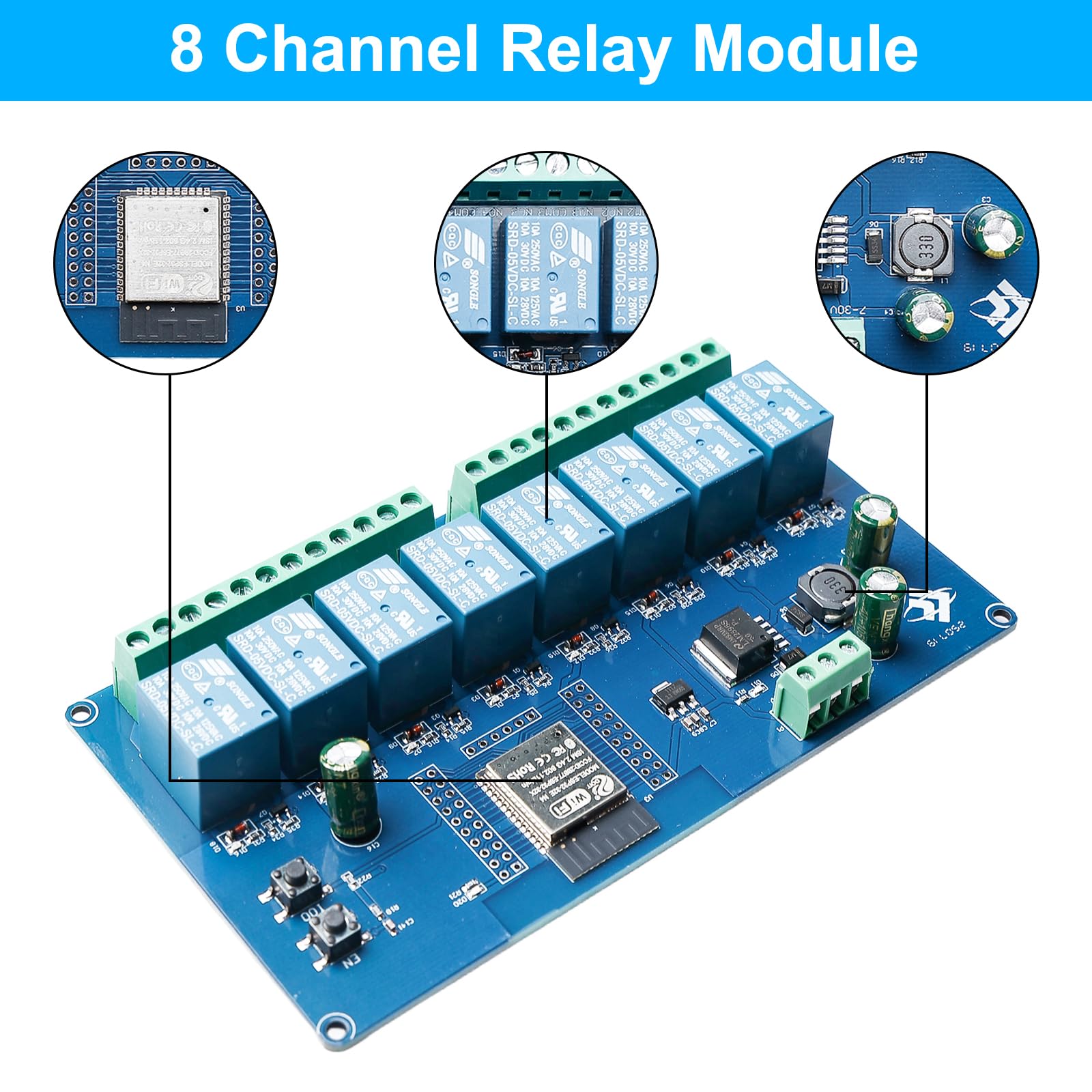 ESP modulo relè a 8 canali con ESP-32 WiFi Bluetooth, DC5-30V/AC250V, scheda di sviluppo per progetti fai da te Smart Home & IoT, facile programmazione con Arduino IDE