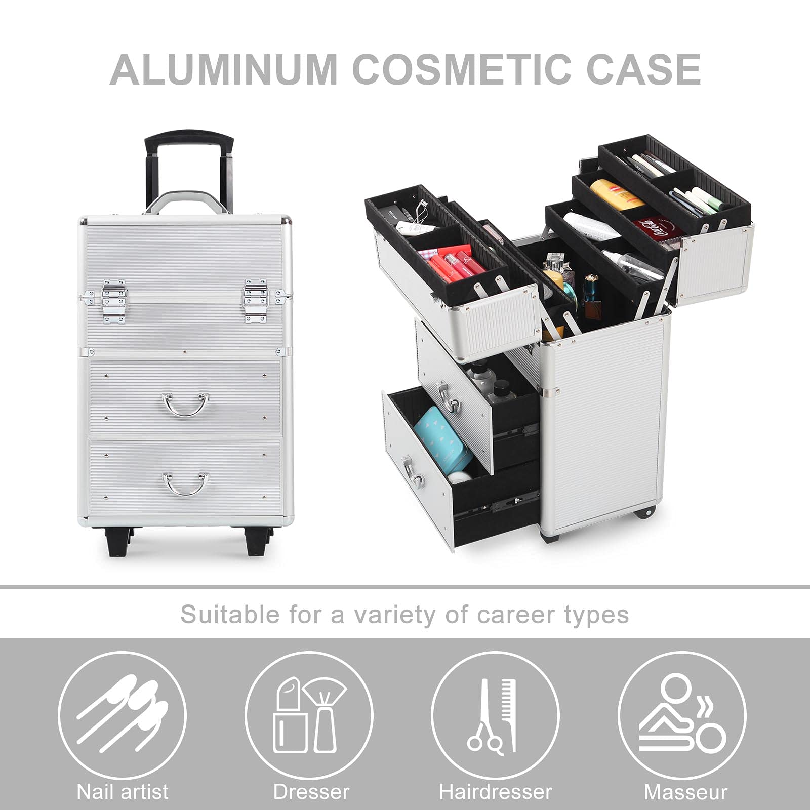 Professional Rolling Makeup Train Case with Drawers, Large Storage Cosmetic Trolley with Folding Trays, Makeup Travel Cosmetics Beauty Storage Organizer with Locks and Swivels, Silver
