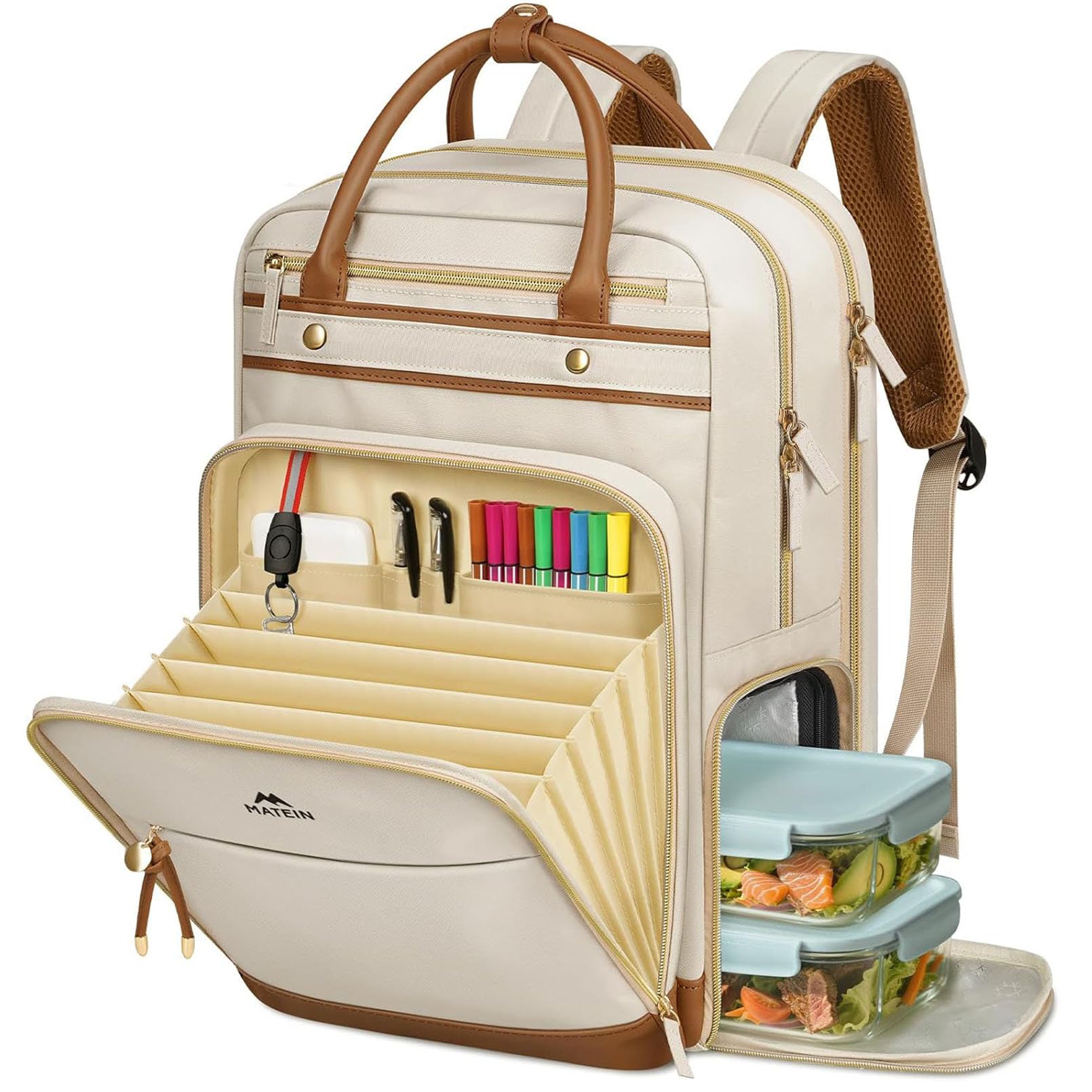 MATEIN Zaino Lavoro Donna per Insegnanti con Borsa Pranzo Rimovibile, Zaino Porta PC 15.6 Pollici, Zaini Scuola per Donna e Docenti, per Viaggio Aereo, Università, Ufficio, Beige