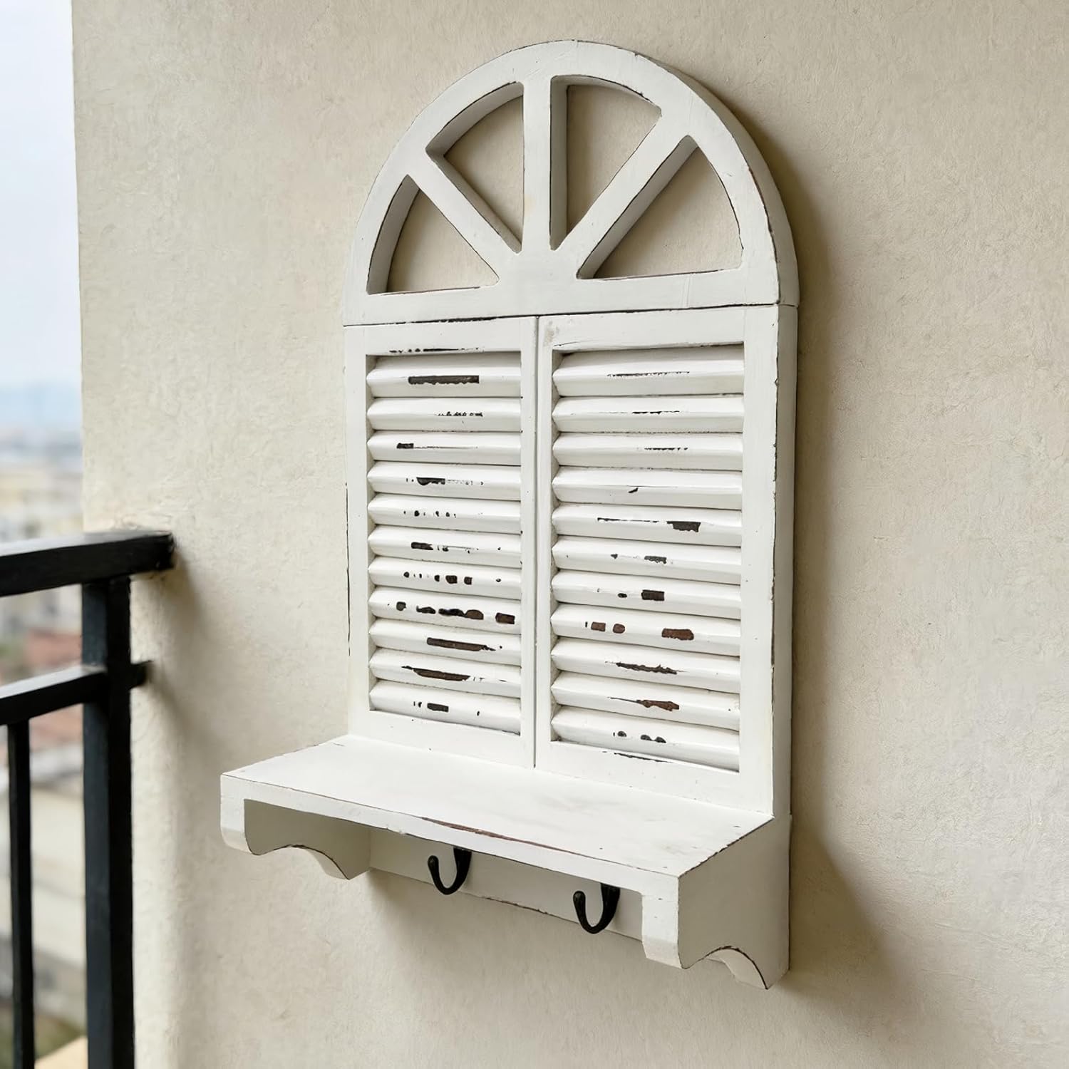 Rustic Arched Window Floating Shelf with 2 Key Hooks - Distressed White Farmhouse Wood Decor, Wall Mounted Storage Organizer for Entryway, Bathroom, Kitchen, Home Decor