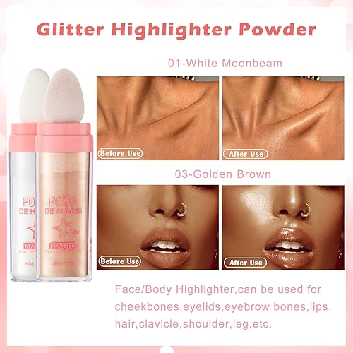 Miniatura 2 de DAGEDA 2 polvos de purpurina corporal, polvo iluminador para rostro y cuerpo, maquillaje suelto de alto brillo para cosméticos corporales y cabello