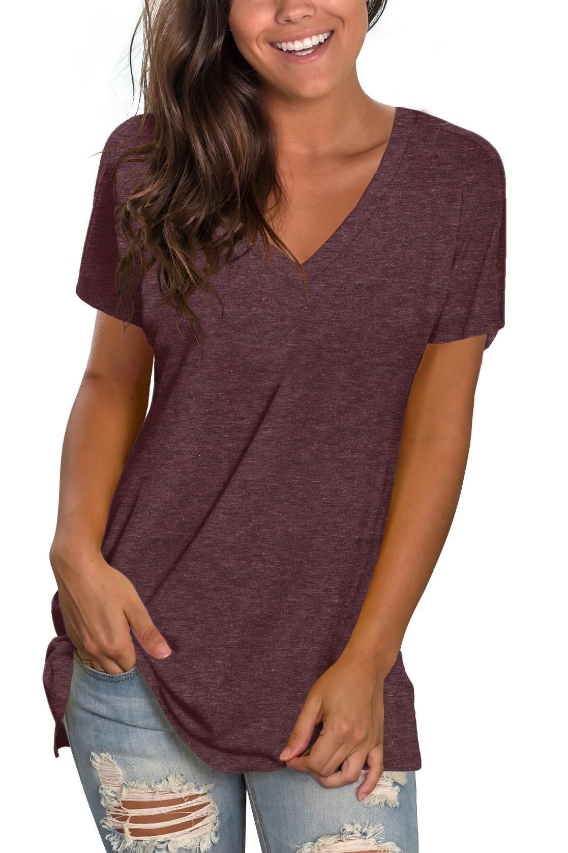 Sipaya Womens T Shirts Basic V Neck Tee Loose Fitting Casual Short Sleeve Tops