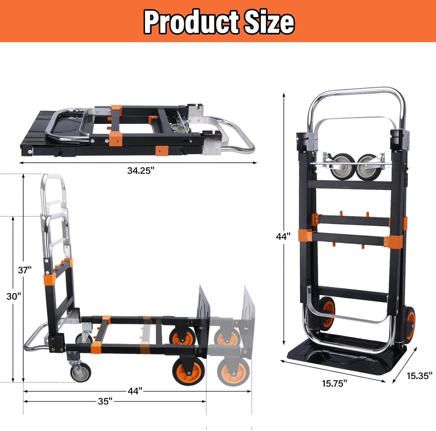 3 in 1 Folding Hand Truck, 600lbs Capacity, Heavy Duty Convertible Dolly Cart with Wheels, Collapsible Hand Truck Foldable with Telescopic Handle，Trolley for Moving Home, Office, Warehouse (Orange)