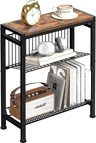 Miniatura 20 de Mesa auxiliar para espacios pequeños, mesa auxiliar estrecha de 3 niveles con soporte para revistas, pequeña mesita de noche, mesa auxiliar delgada